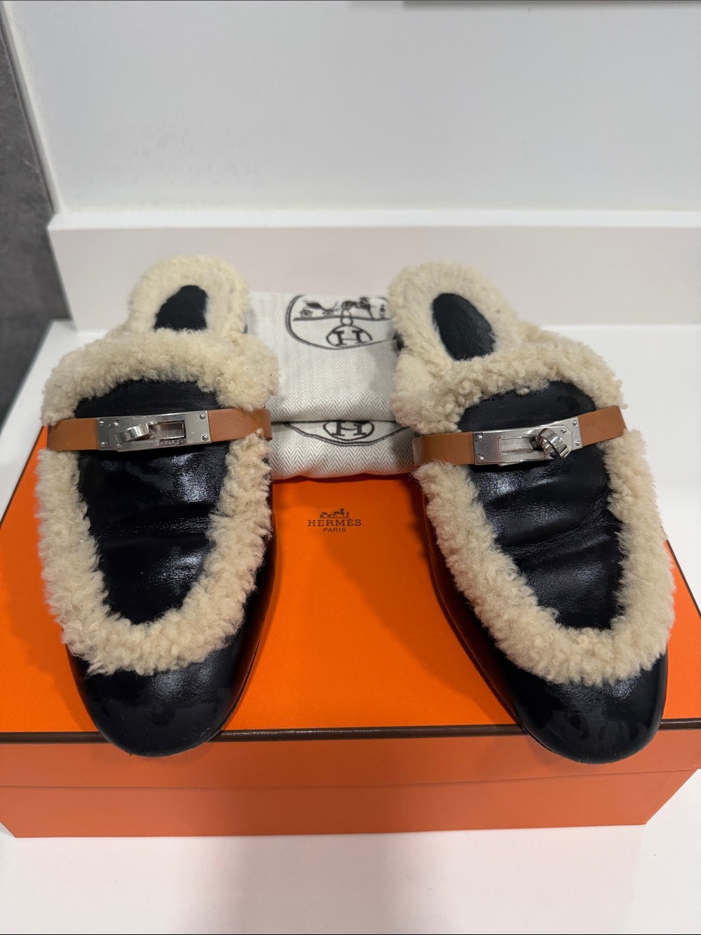 Hermes Black Leather Shearling-Trim Mule with Tan Strap and Silver Buckle